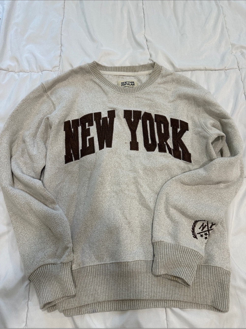 New York Embroidered Crewneck Sweater - Beige/Brown small